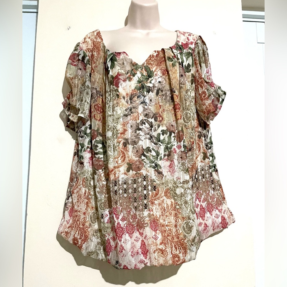 Sara Michelle Floral Patchwork Blouse - Red, Green, Brown